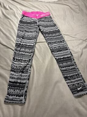 Nike Pro Leggings Black Print Pink Girls Sz L Large Workout Athletic